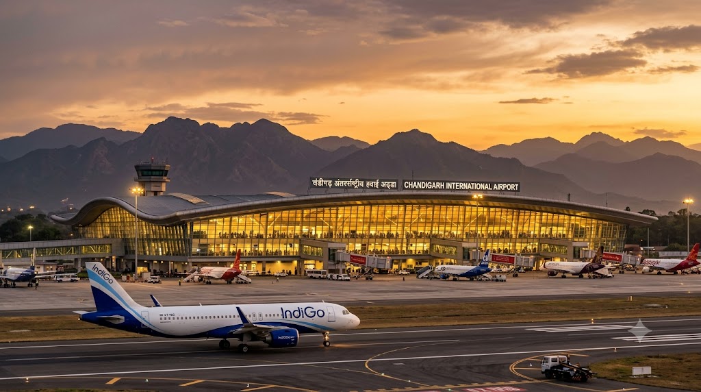 Passenger jet climbing over green Himalayan foothills — flights from Chandigarh airport