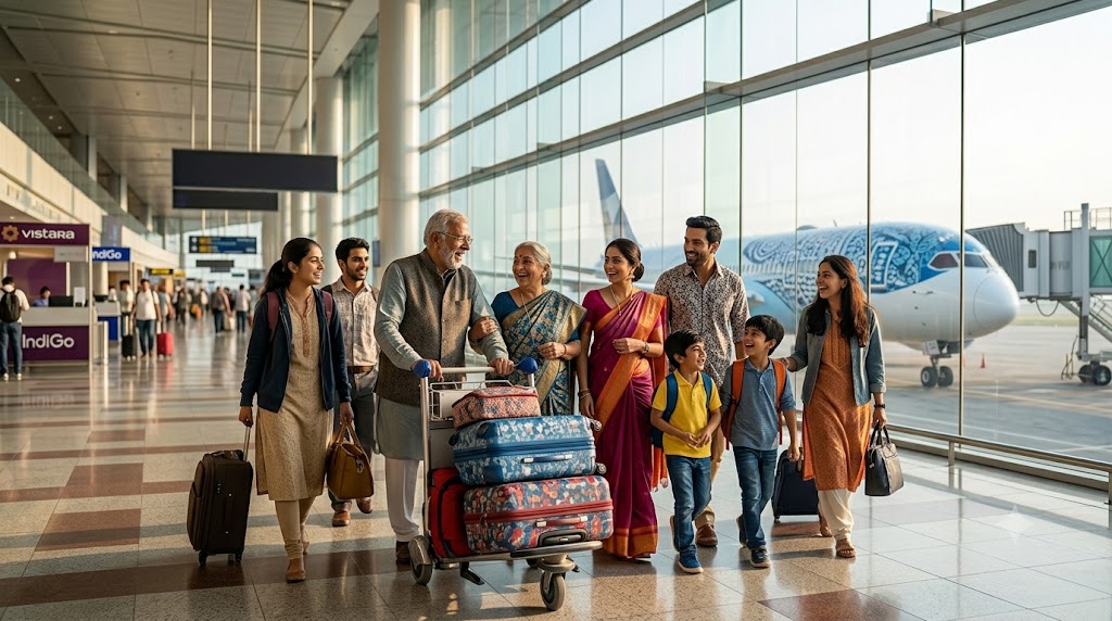 Indian family with luggage at an international departure gate — NRI travel from Punjab airports