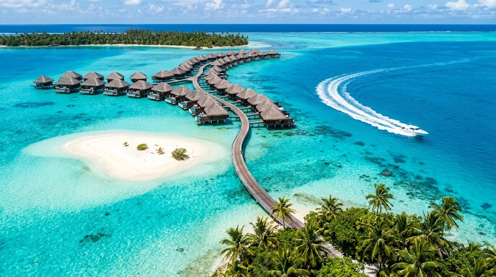 Tropical overwater bungalows and turquoise lagoon — visa-on-arrival island destinations for Indians