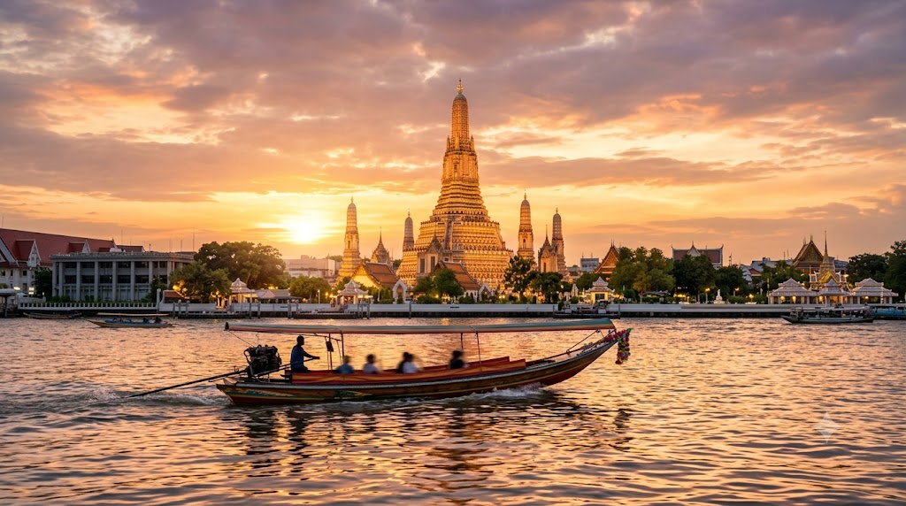 Bangkok's Wat Arun temple at golden hour on the Chao Phraya river — Thailand travel for Indians 2026