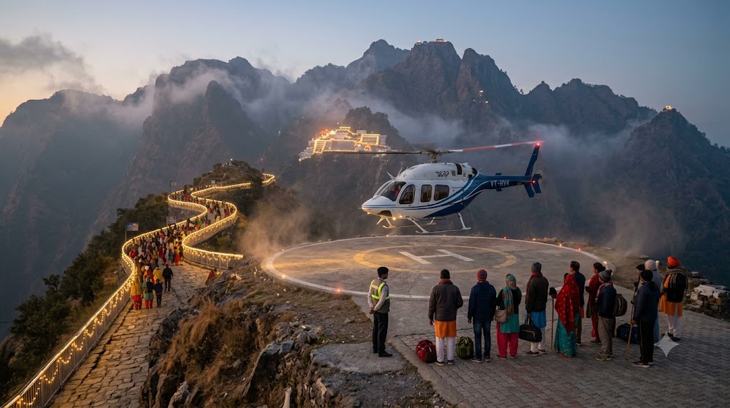 Helicopter landing at Sanjichhat helipad near Vaishno Devi with mountain views — helicopter booking for Vaishno Devi yatra