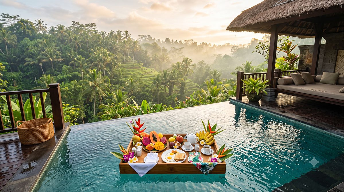 Floating breakfast in a private pool villa in Ubud — Bali honeymoon from Chandigarh