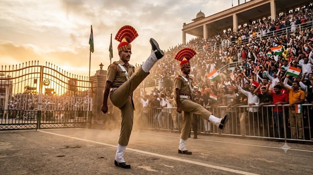 BSF soldiers performing the high-energy Wagah Border retreat ceremony at sunset — Wagah Border ceremony Amritsar