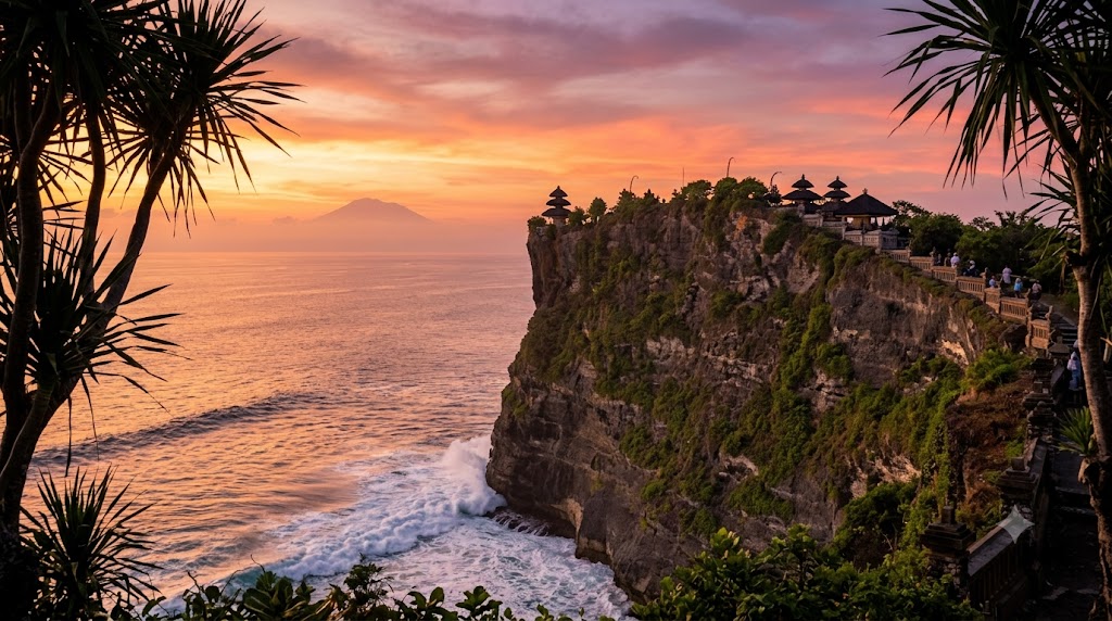 Uluwatu Temple perched on a dramatic clifftop above crashing waves at sunset — Bali Uluwatu zone guide