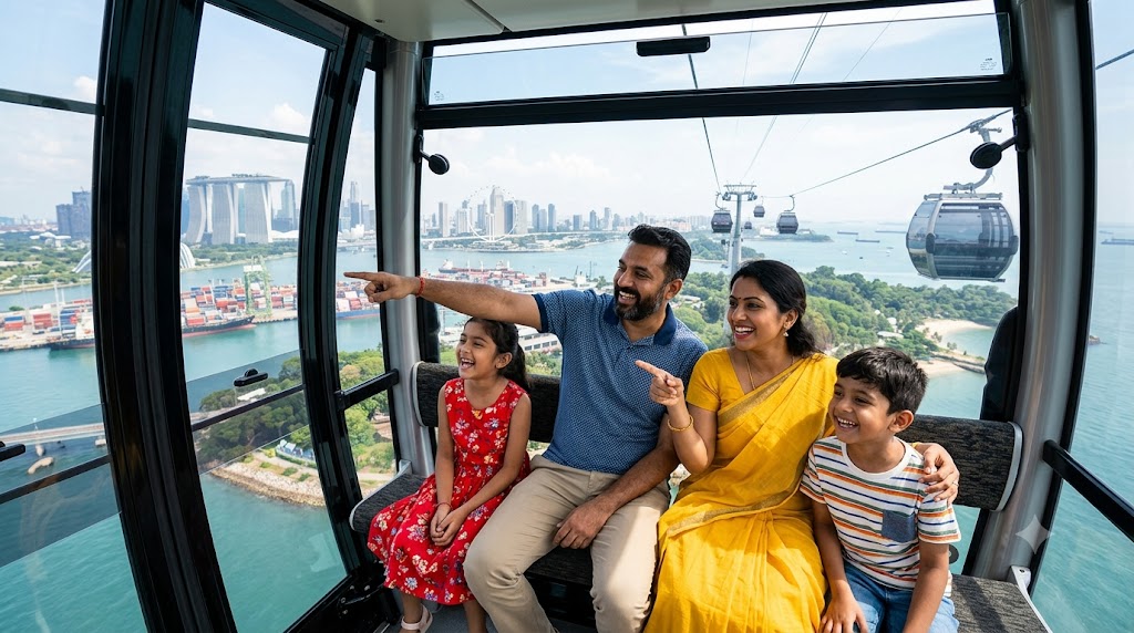 Family riding the Sentosa cable car with Singapore skyline views — Sentosa Island Singapore family itinerary