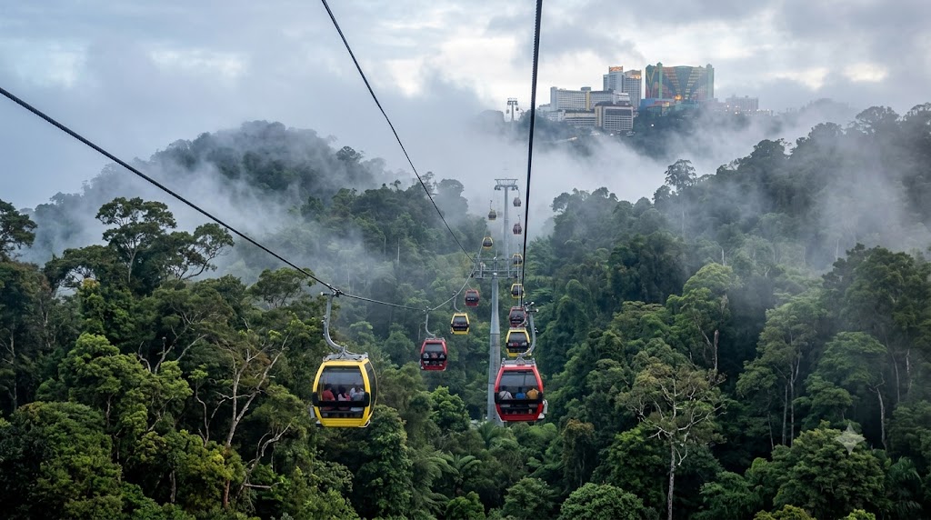 Genting Highlands Skyway cable car rising through cool misty hills above Kuala Lumpur — Genting Highlands day trip