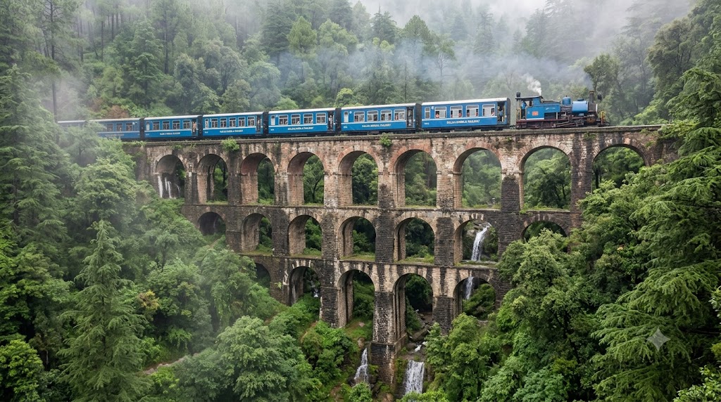 Kalka–Shimla toy train crossing a stone arch bridge in monsoon greenery — weekend trip from Chandigarh