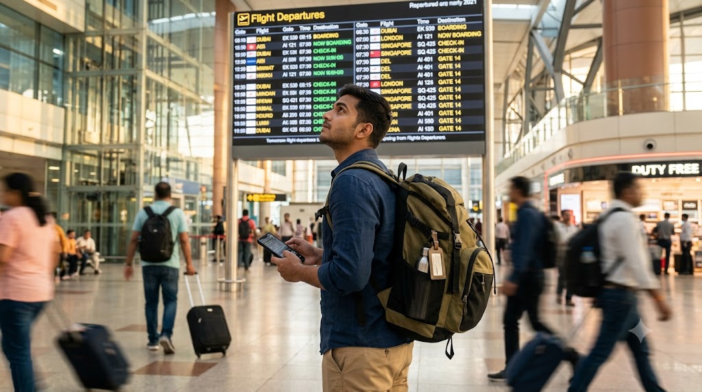 Traveller checking flight departures board at a modern airport — flight booking tips Chandigarh