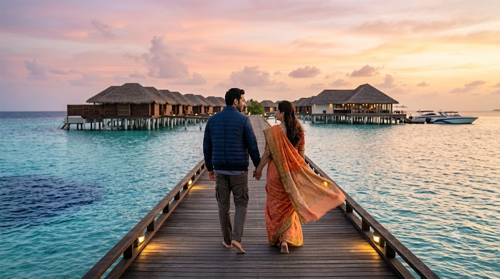 Couple at a romantic overwater villa at sunset — honeymoon packages from Chandigarh