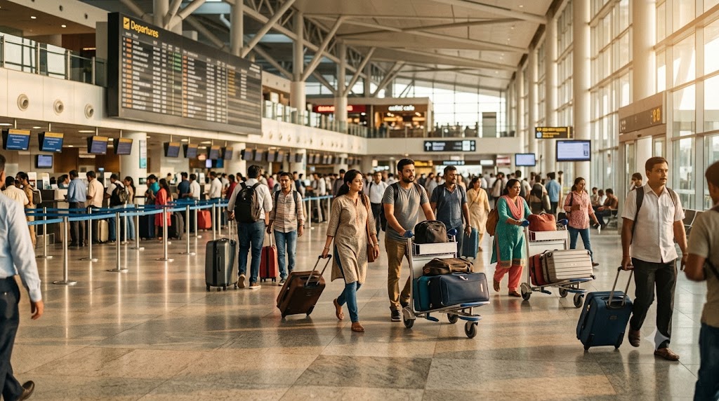 Airport departure board and travellers with luggage during festival travel season - Diwali flight booking tips