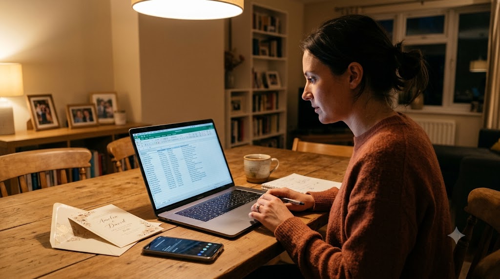 Family member reviewing a wedding guest travel spreadsheet with flight and hotel details on a laptop - wedding travel coordination