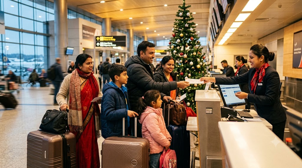 Family with luggage checking in at an airport counter during the winter holiday travel season - Christmas December travel booking tips