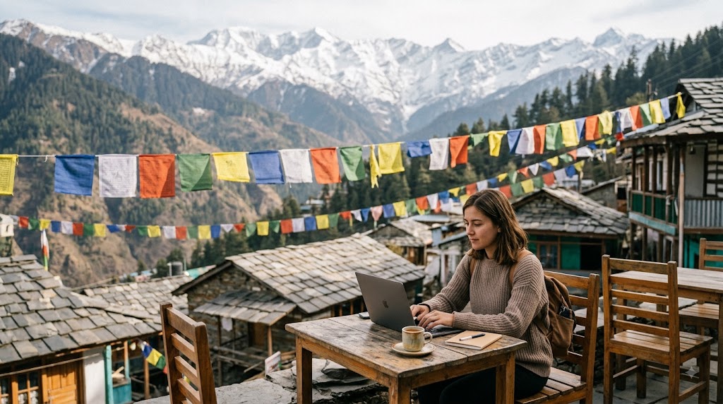 Person working on a laptop at a hillside cafe in McLeod Ganj with mountain views - McLeod Ganj workation guide