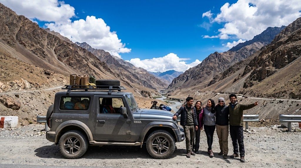 Group of friends on a road trip with a jeep against dramatic Leh Ladakh mountain scenery - Leh Ladakh bachelor trip guide