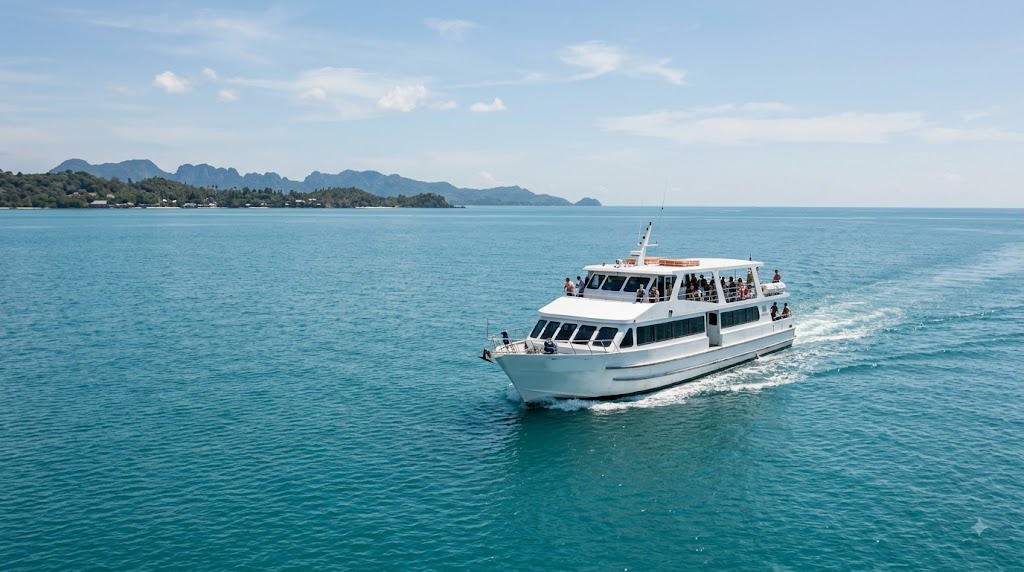 Passenger ferry crossing calm blue water between Port Blair and Havelock Island Andaman