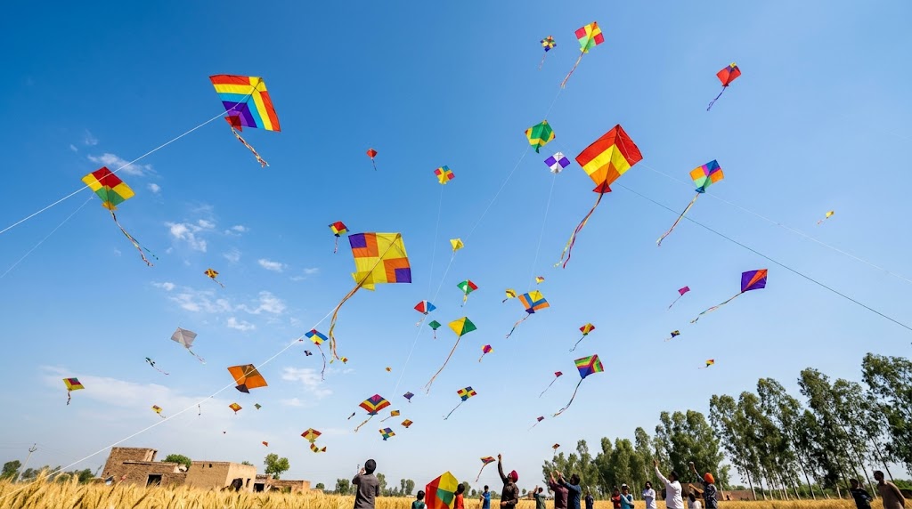 Kite flying against a clear blue sky during Baisakhi harvest festival in Punjab