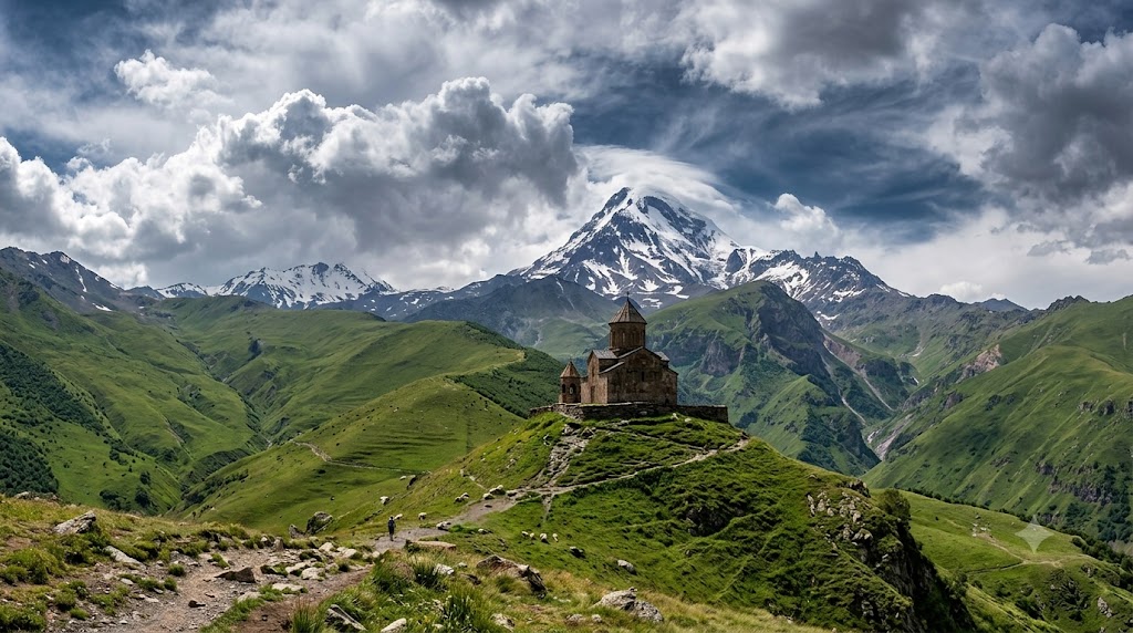 Gergeti Trinity Church on a green hilltop with snow capped Mount Kazbek behind it in Georgia