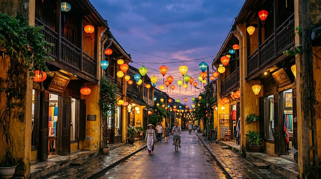 Colourful lanterns hanging over an old street in Hoi An ancient town Vietnam at dusk