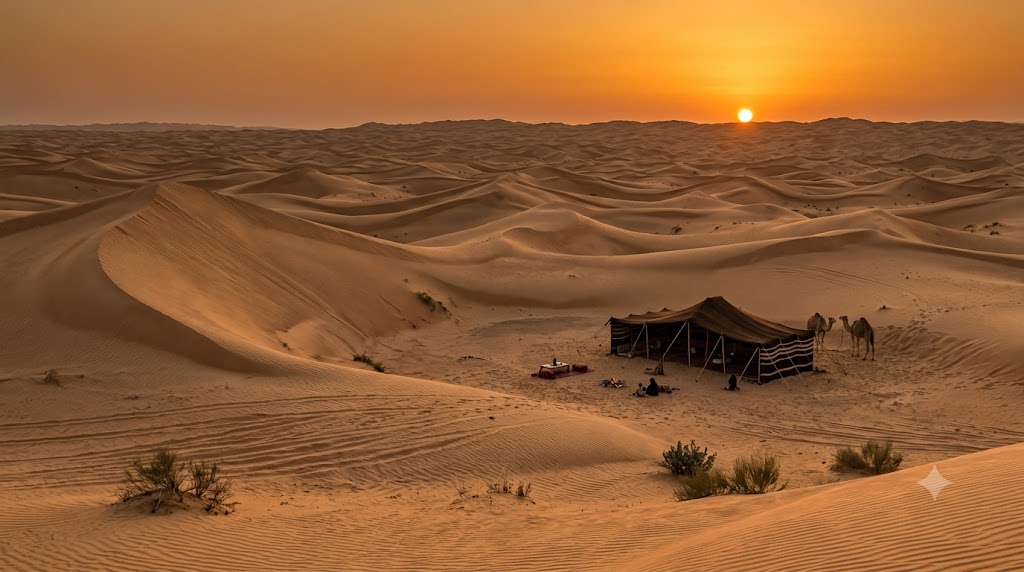 Golden sand dunes of Wahiba Sands desert in Oman at sunset with a Bedouin style camp tent