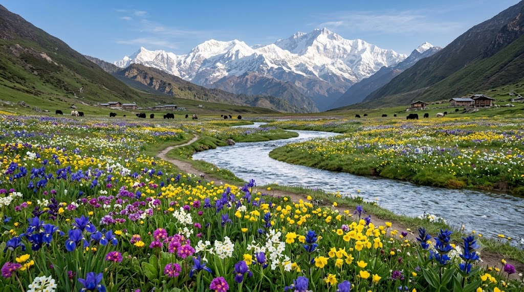 Colourful yellow and pink flowers covering the wide open landscape of Yumthang Valley in North Sikkim