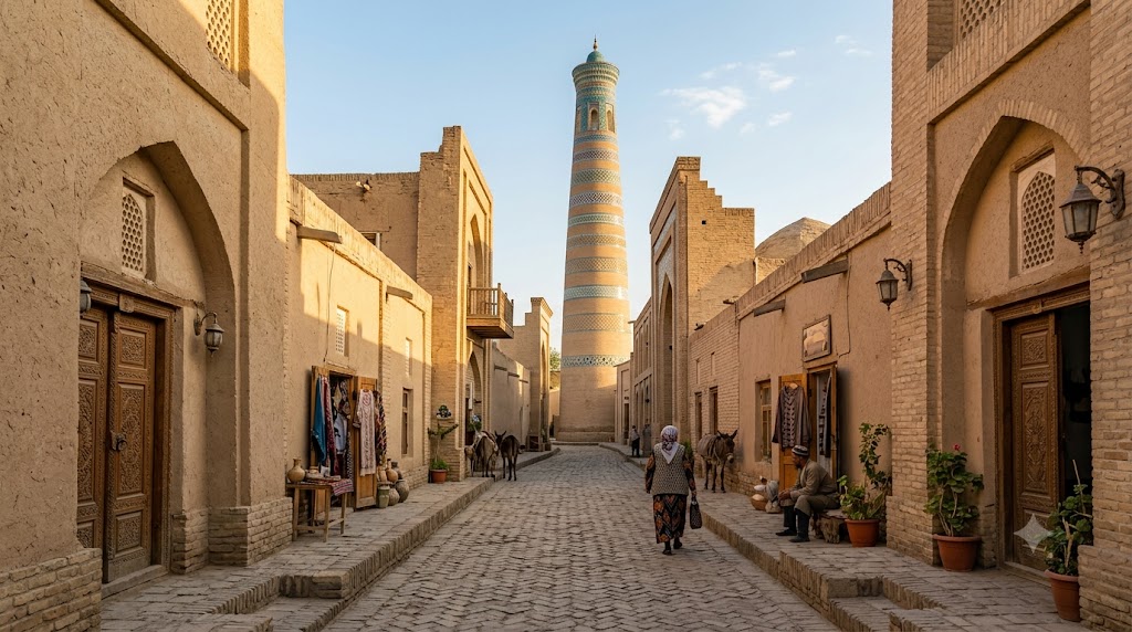Narrow street in old Bukhara Uzbekistan lined with sand coloured historic buildings and a tall minaret