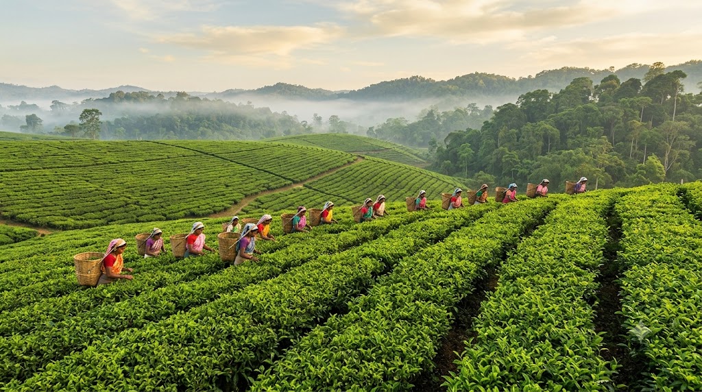 Green tea plantation rows stretching to the horizon with workers picking leaves near Jorhat Assam