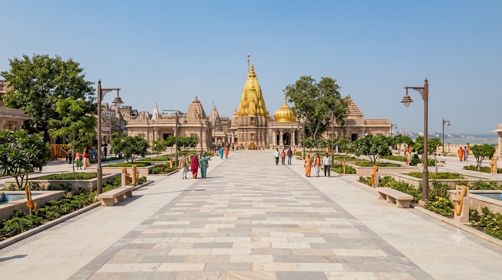 Wide open plaza of the redeveloped Kashi Vishwanath Corridor with the golden spired temple in Varanasi