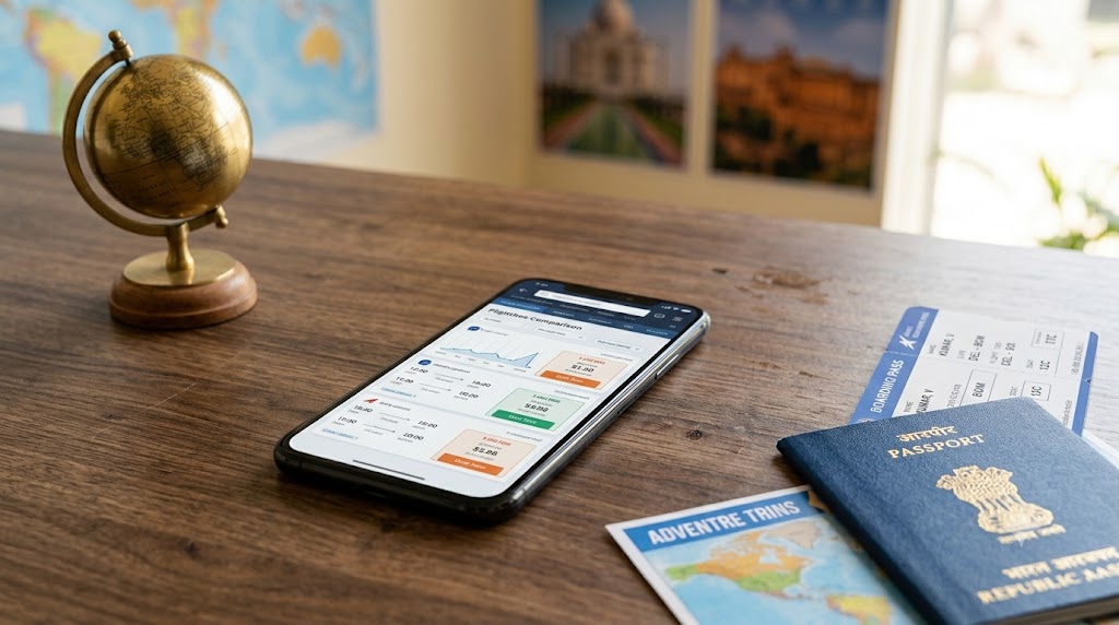 Close up of a person comparing flight prices on a phone screen next to a passport and boarding pass