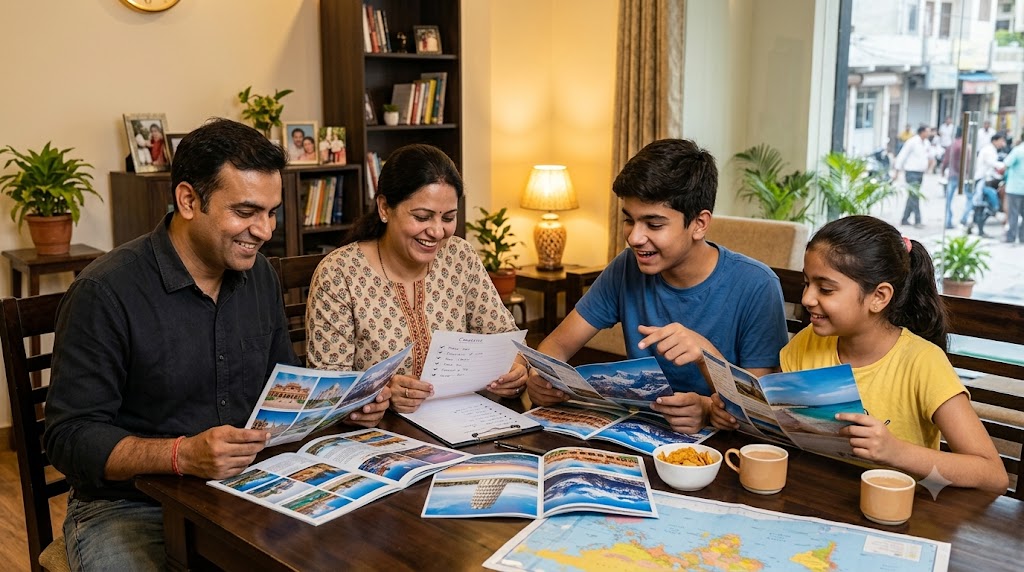 Family sitting together discussing a travel itinerary with a printed checklist and brochures on a table