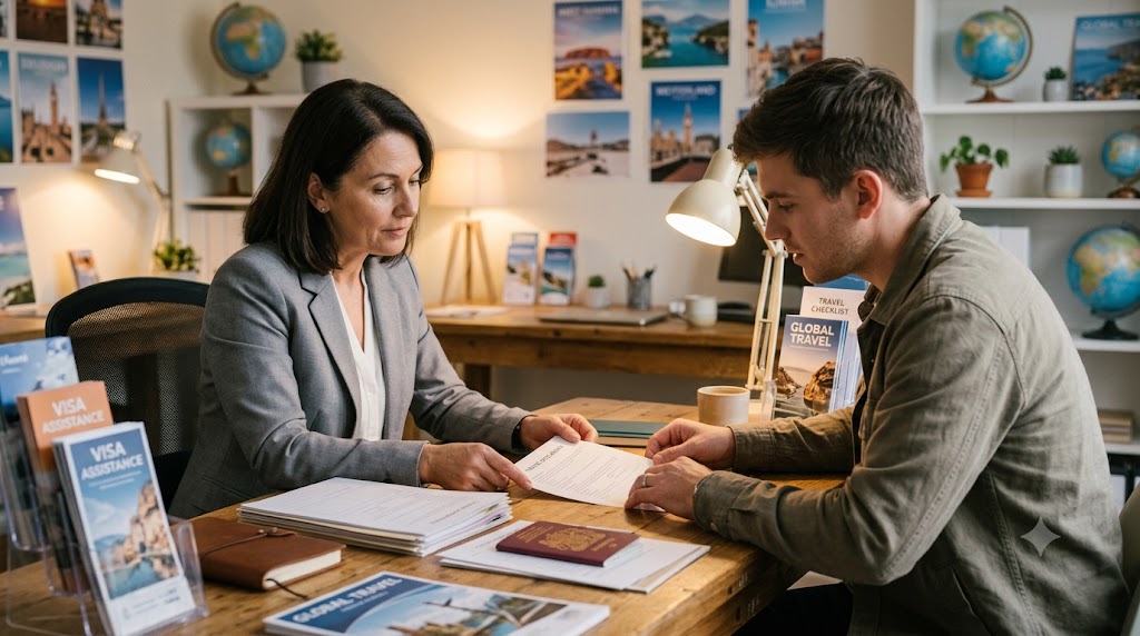 Visa consultant reviewing an application file with a client across a desk in a travel office