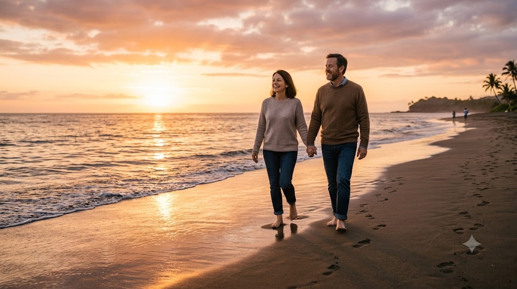 Couple walking hand in hand on a beach at sunset during their honeymoon