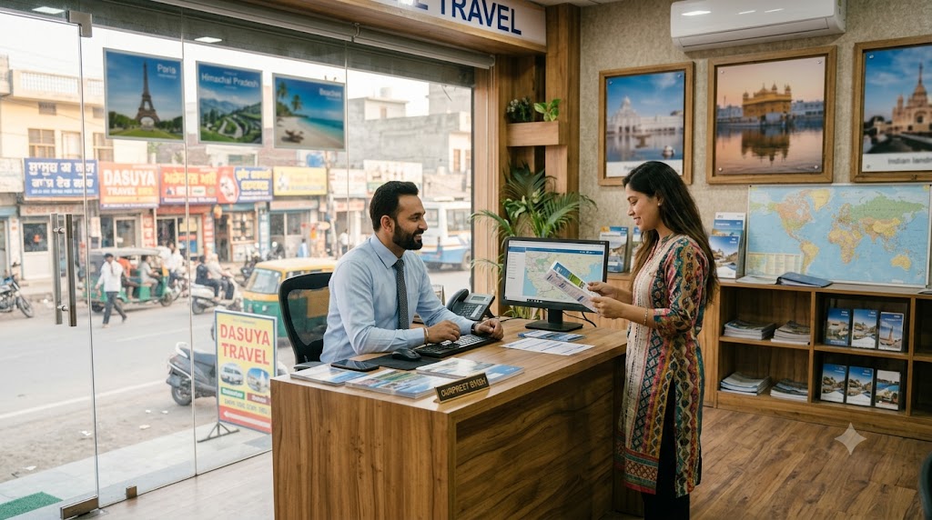 Front office of a Mohali travel agency with a staff member assisting a walk-in client