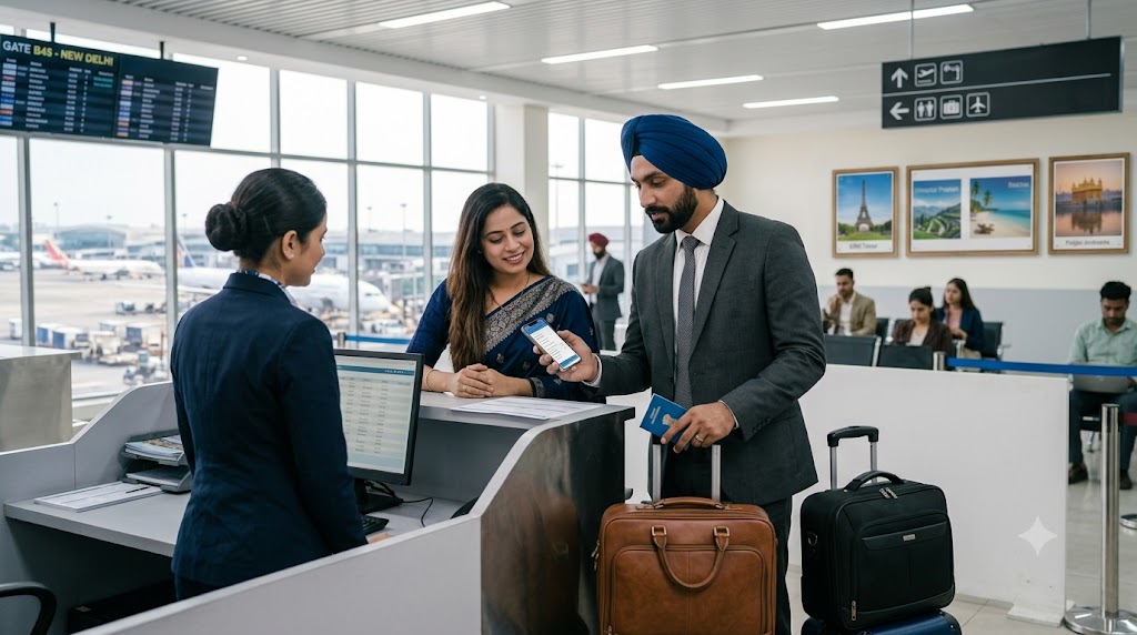 Business travellers checking in at an airport counter with a corporate itinerary on a phone