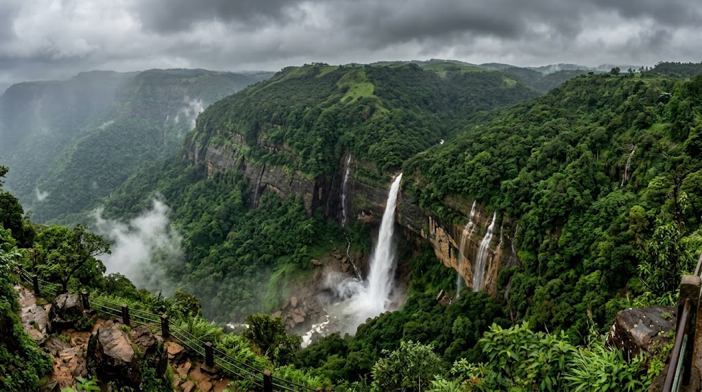Tall waterfall cascading down a green cliff face during monsoon season near Cherrapunji Meghalaya