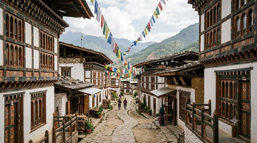 Traditional Bhutanese architecture with colourful painted windows in Thimphu Bhutan