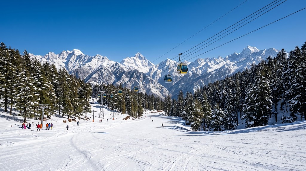 Snow covered slopes of Auli with a cable car ropeway and Himalayan peaks in the background