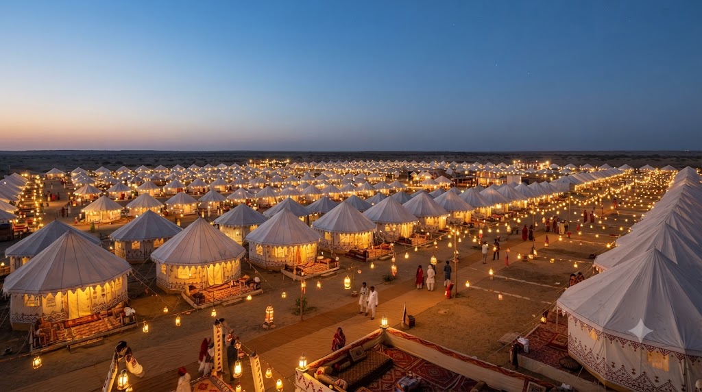 Colourful traditional tent city with domed roofs lit up at night near the Rann of Kutch