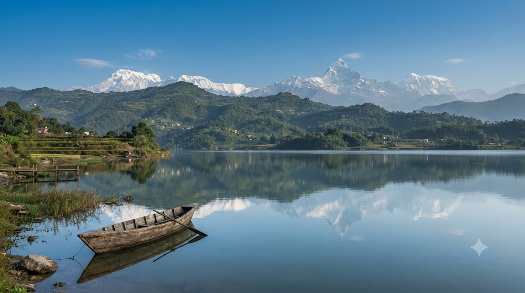 Phewa Lake in Pokhara Nepal with the Annapurna mountain range reflected in the calm water