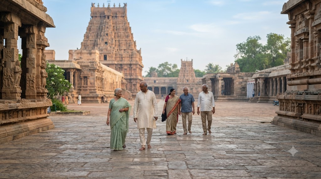 Senior citizens walking together at an unhurried pace along a temple courtyard pathway