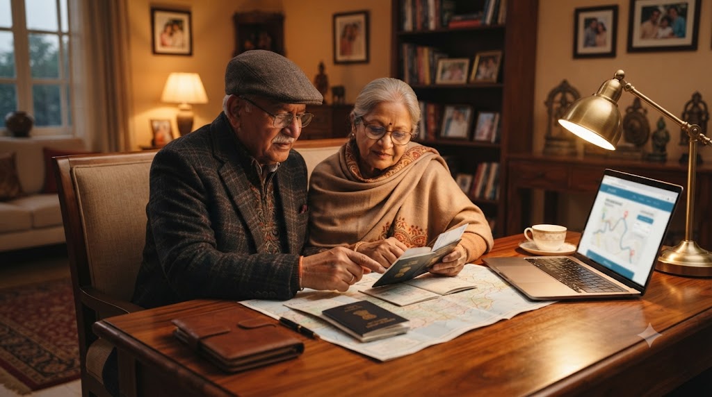 Senior Indian couple reviewing travel documents and passports together at a desk