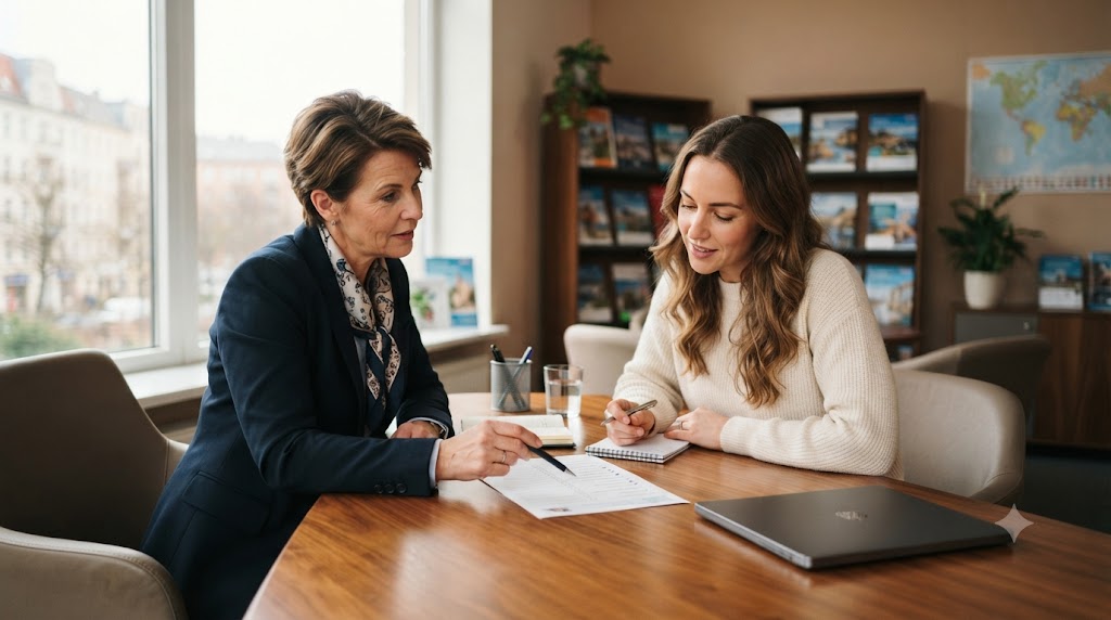 Travel consultant reviewing a visa document checklist with a client across a desk