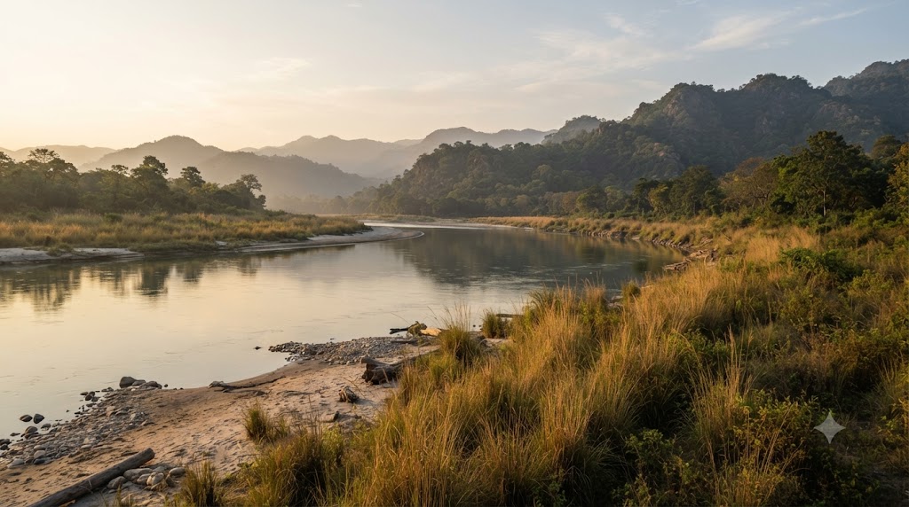 Riverbank scene with a sandy shoreline and tall grass in Jim Corbett National Park Ramganga river