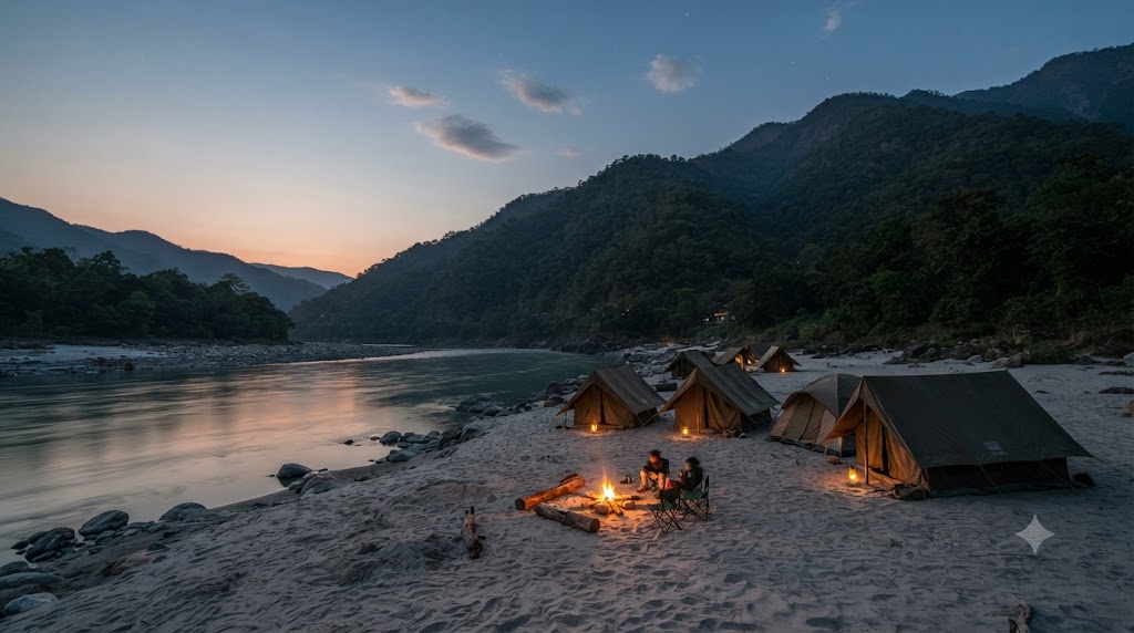Riverside camp on the sandy bank of the Ganga river in Rishikesh with tents and forested hills