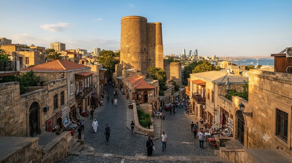 Maiden Tower and narrow cobblestone streets in the old city of Baku Azerbaijan