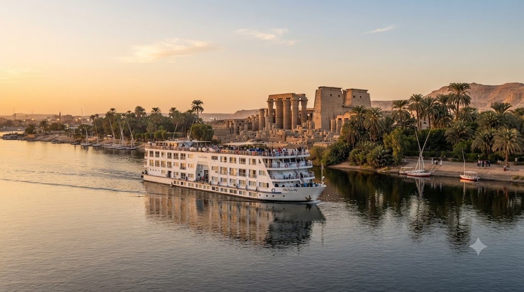 Traditional Nile cruise ship sailing past temple ruins and palm trees near Luxor Egypt