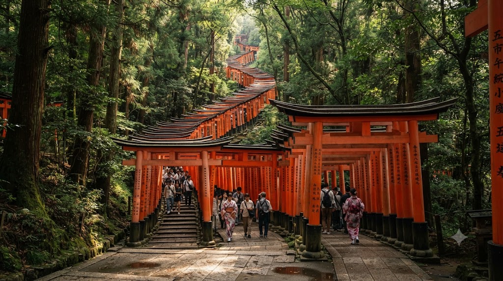 Row of traditional red torii gates on a forested hillside path in Kyoto Japan